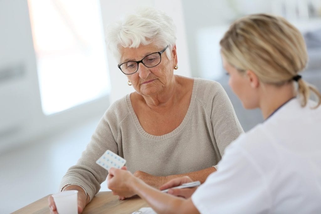 a doctor prescribing medication for an elderly female patient
